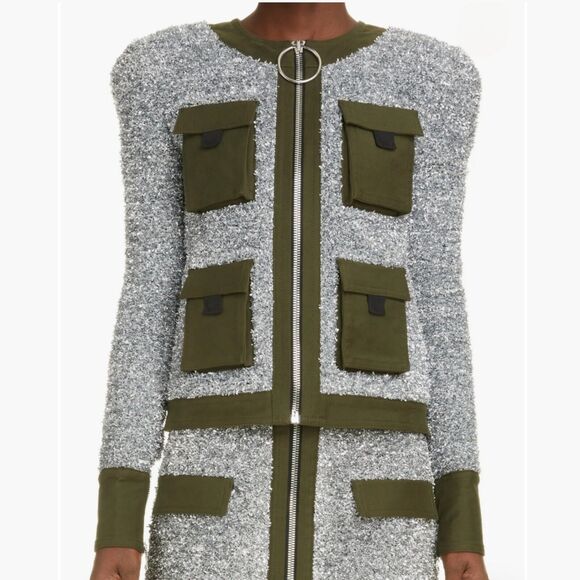 RARE Balmain Canvas Trim Metallic Silver Tweed Zip Jacket $3350 Size FR 42/US 10